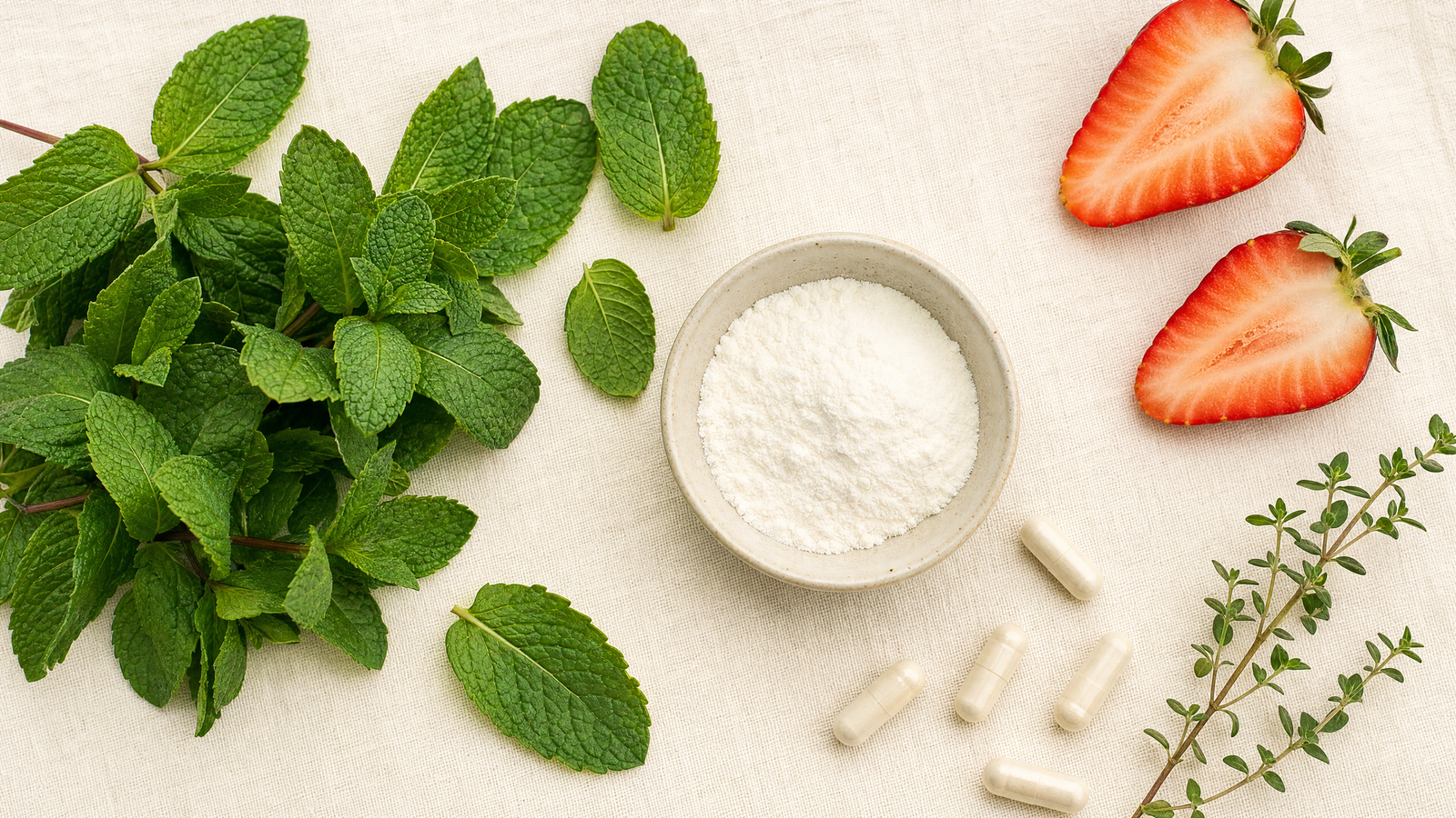ProDentim natural ingredient flat lay — peppermint, strawberry and inulin.